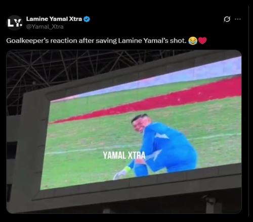 大雷你笑的收斂點國外球迷：守門員撲出亞馬爾的射門后的反應(yīng)