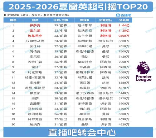 英超夏窗TOP20：利物浦霸榜前三&標王伊薩克BIG6+紐卡包攬前20