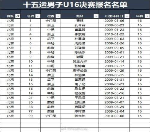 第十五屆全運會足球項目男子16歲以下組決賽各隊球員名單