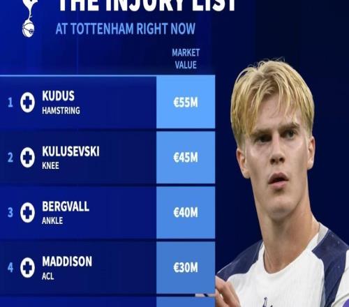 德转列热刺伤病名单:8人因伤缺阵,总身价超过2.5亿欧元