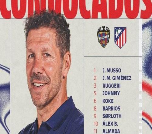 馬競(jìng)戰(zhàn)萊萬特名單：格子、小西蒙尼缺陣，一隊(duì)外場(chǎng)球員剩16人