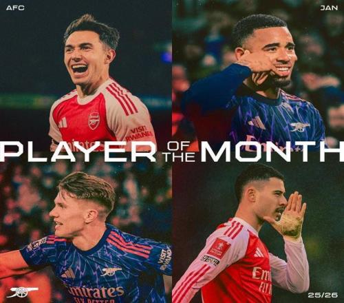 阿森納1月最佳候選：哲凱賴什、蘇比門迪、熱蘇斯、馬丁內(nèi)利