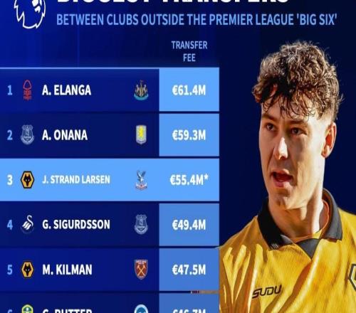 德轉(zhuǎn)統(tǒng)計(jì)英超除BIG6外歷史最貴交易：紐卡6140萬歐簽埃蘭加第1