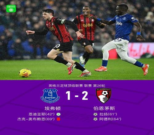 伯恩茅斯21逆轉(zhuǎn)十人埃弗頓，拉揚(yáng)、阿德利破門，恩迪亞耶點(diǎn)射