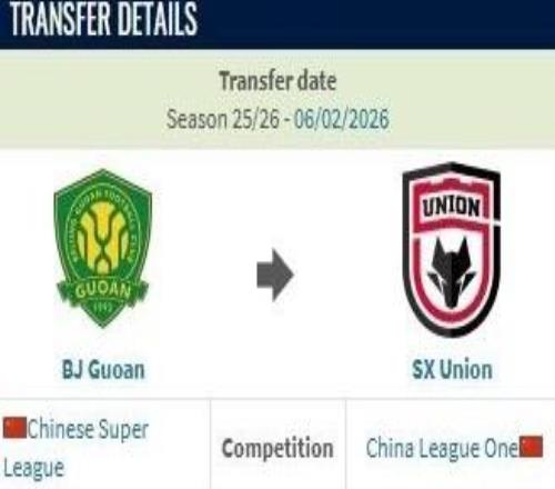 德轉(zhuǎn)：王宇翔從北京國安加盟陜西聯(lián)合的轉(zhuǎn)會費約15萬人民幣