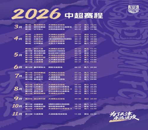 2026賽季津門虎中超賽程：首戰(zhàn)銅梁龍，在奧體迎戰(zhàn)國安海港