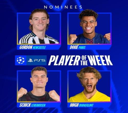 歐冠附加賽首回合最佳候選：戈登、杜埃、?？?、卡斯帕霍