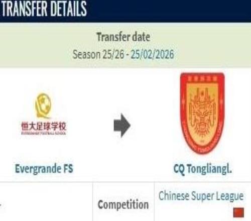 德轉：重慶銅梁龍從恒大足校簽下劉佳樂花費約100萬人民幣