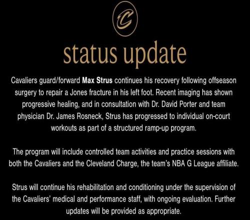 騎士官方：斯特魯斯恢復情況良好，接下來將逐步開啟有球訓練