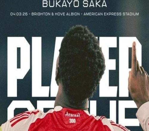 打入全場(chǎng)唯一進(jìn)球，薩卡當(dāng)選與布萊頓一役阿森納隊(duì)內(nèi)最佳球員