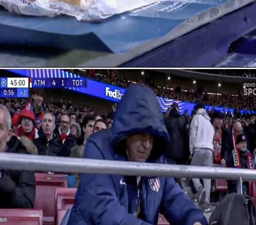 看饿了，41领先时马竞球迷在看台上悠闲地制作三明治