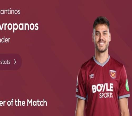 頭球破門+10次解圍，馬夫羅帕諾斯當選西漢姆11曼城全場最佳