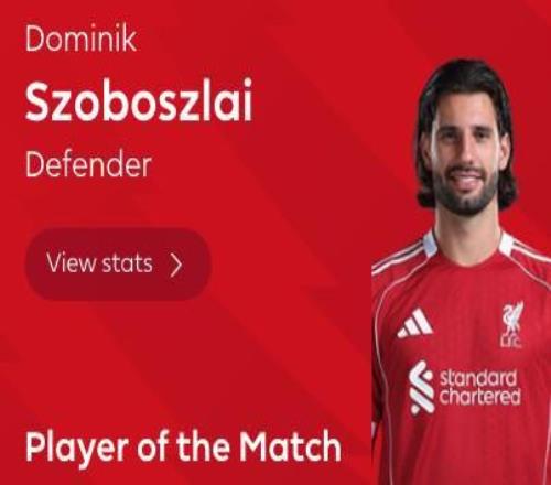 任意球破門，索博斯洛伊當(dāng)選利物浦vs熱刺全場最佳球員