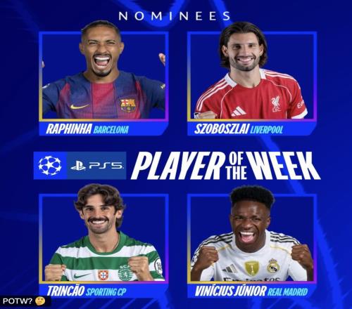 本周歐冠最佳球員候選：拉菲尼亞、索博、特林康、維尼修斯