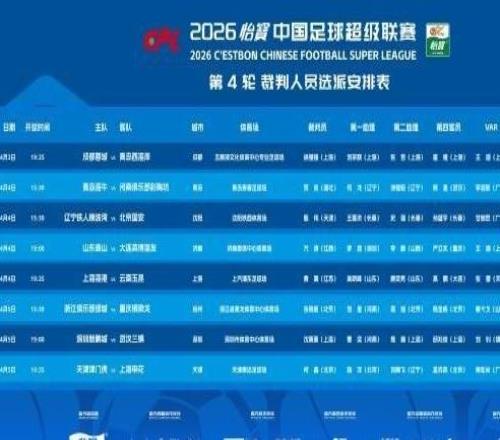 中超第4輪裁判：萬濤執(zhí)法泰山戰(zhàn)英博甄偉吹遼京戰(zhàn)