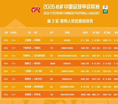 中甲第3輪裁判：麥麥提江執(zhí)法長(zhǎng)春亞泰vs蘇州東吳