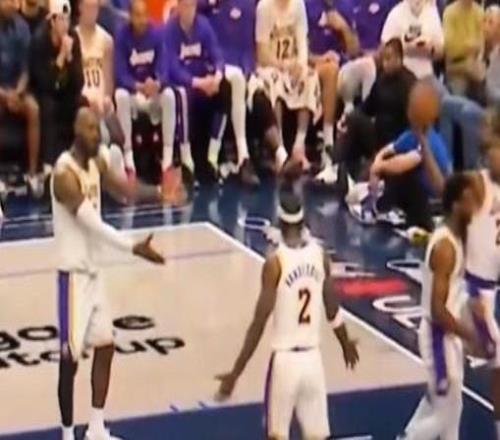 布朗尼被獨(dú)行俠球員一步過掉后，詹姆斯攤手向隊(duì)友表示不滿