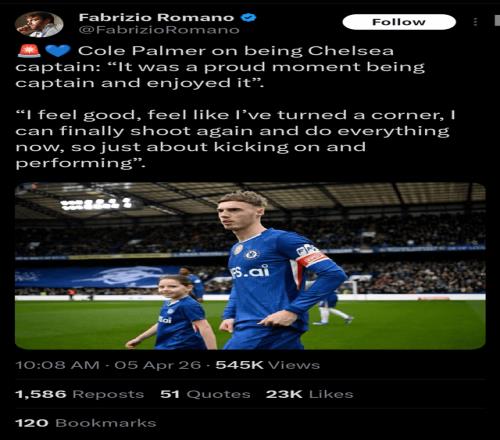 帕尔默23岁戴上队长袖标：伤停8周后终于能射门了