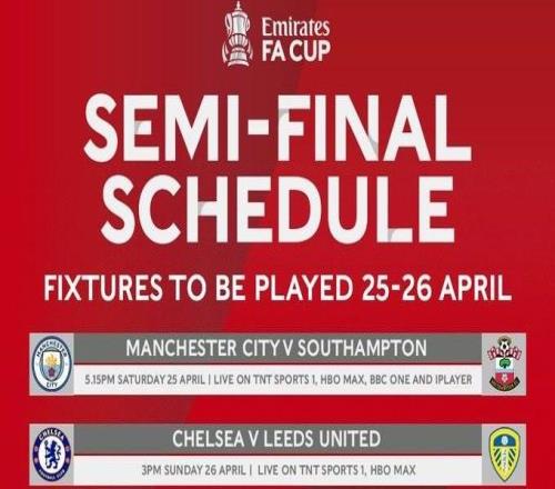 足總杯半決賽開球時間：曼城4月26日0015，切爾西26日22點