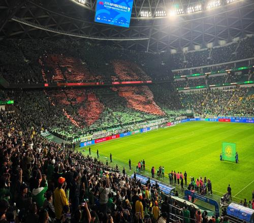 國安對陣成都賽前，工體展示張玉寧、法比奧巨型Tifo