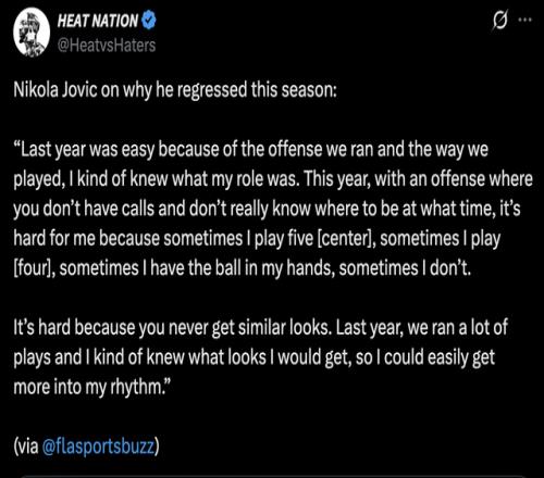 熱火花了3年培養(yǎng)約維奇，他一句話(huà)承認(rèn)跟不上新體系