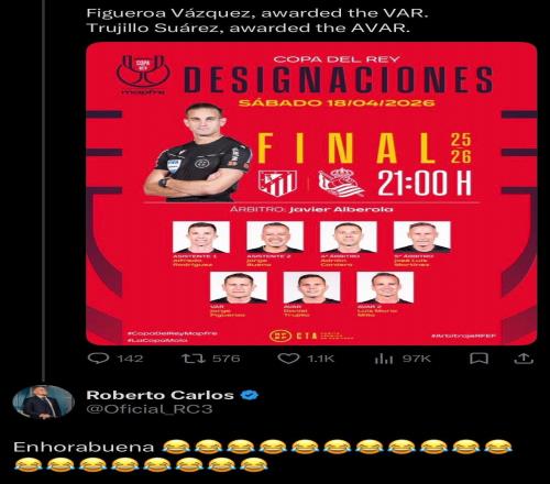 皇馬vs赫羅納主裁將執(zhí)法國王杯決賽，卡洛斯社媒嘲諷：恭喜啊