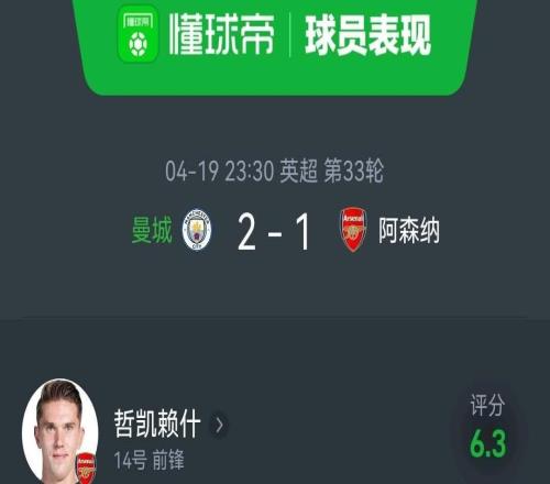 出場(chǎng)14分鐘0射門(mén)0傳球0觸球，與曼城一役哲凱賴什數(shù)據(jù)全部掛零