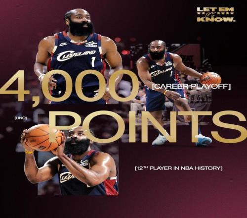 里程碑！哈登季后賽生涯總得分突破4000分歷史第12人