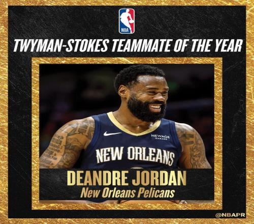 NBA官方：新奧爾良鵜鶘中鋒德安德烈喬丹榮膺年度最佳隊(duì)友獎(jiǎng)