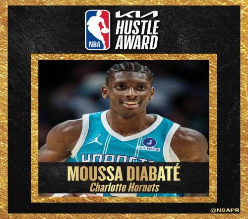NBA官方：黃蜂前鋒穆薩迪亞巴特榮膺本賽季最佳拼搏獎(jiǎng)