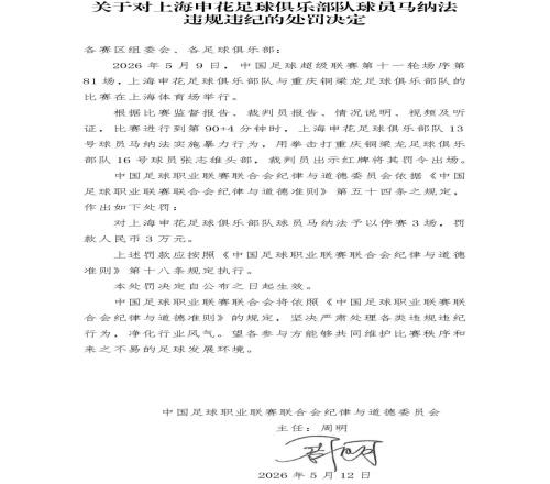 官方：申花外援馬納法因?qū)嵤┍┝π袨?，被停?場，罰款3萬元