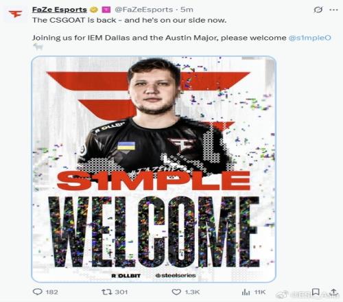 欢迎回来！Faze官宣：S1mple加盟出战IEM达拉斯以及奥斯汀Major