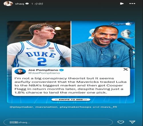 美记：独行侠交易卢卡几个月后得到状元签太巧合了奥尼尔转发