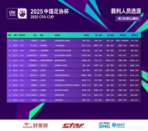 足协杯裁判：麦麦提江执法石家庄功夫vs国安熊星执法无锡vs申花