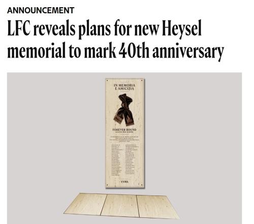 永恒纽带利物浦将建造全新海瑟尔纪念碑，以纪念灾难40周年