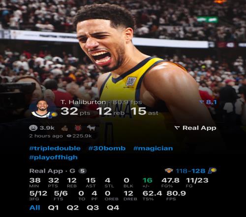 哈利伯顿至少30分10板15助+0失误！NBA季后赛历史第1人！