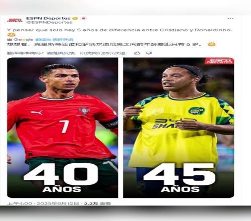 ESPN：想想看，C罗和小罗之间的年龄差距只有5岁