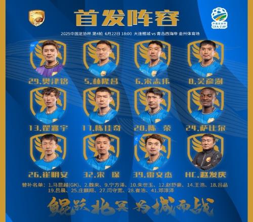 大连鲲城VS青岛西海岸首发出炉！