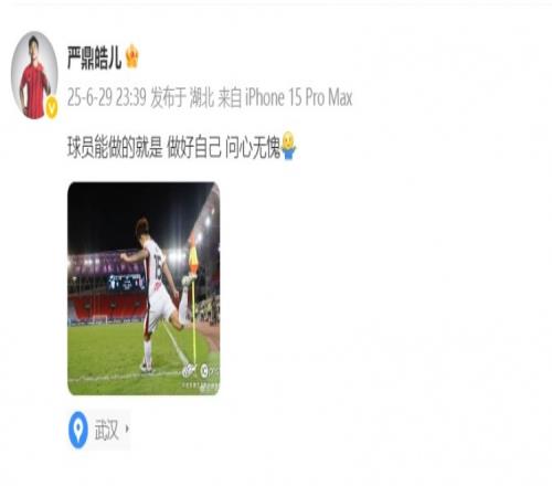 客场战平三镇，严鼎皓发文：球员能做的就是做好自己，问心无愧