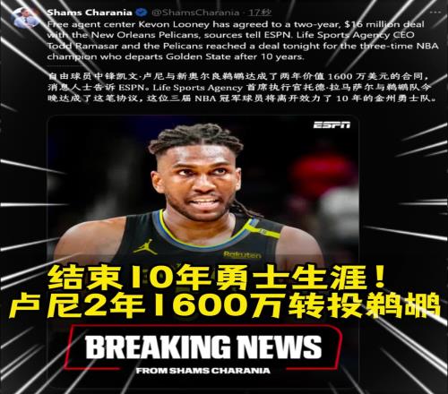 勇士的冠军中锋离队！Shams：卢尼2年1600万签约鹈鹕