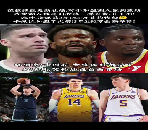 湖人截至目前只签个拉拉维亚！中锋饼皇大洛2只剩下艾顿了