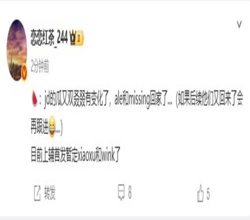 圈内人：ale和missing回家了jdg上辅暂定xiaoxu和wink
