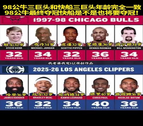 98公牛三巨头和快船三巨头年龄完全一致！快船今年能夺冠