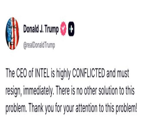 特朗普：英特尔华人CEO必须立即辞职没有任何商量的余地！