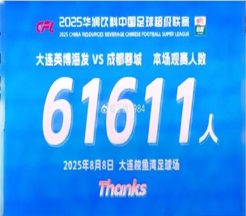记者：今晚大连英博主场61611人，本赛季已有7次主场人数超6万
