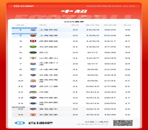 白热化！中超积分榜：申花49分海港48分蓉城47分国安少赛45分