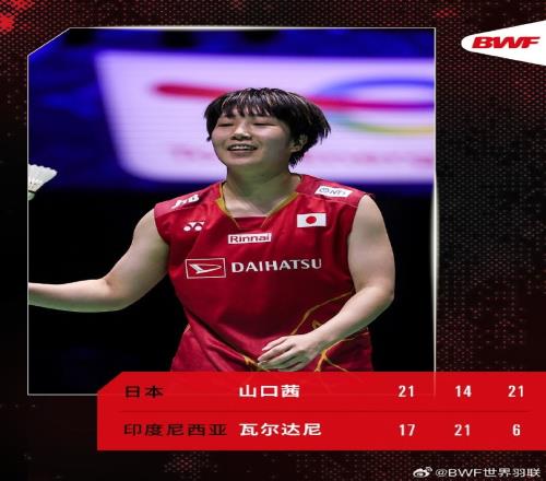 羽毛球世锦赛：山口茜21击败瓦尔达尼，闯入女单决赛