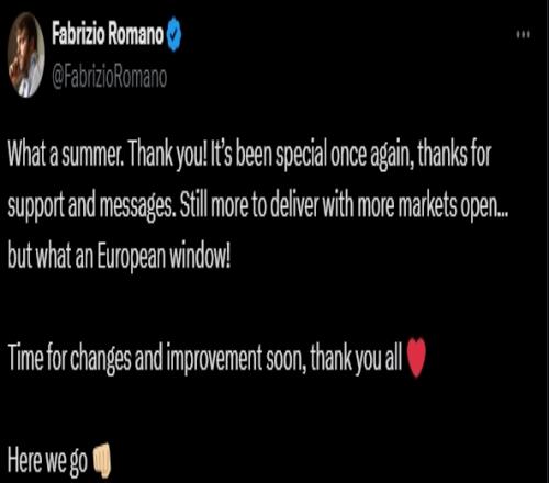 冬窗再见！夏窗正式关窗，罗马诺感谢球迷：难忘的夏天，谢谢大家