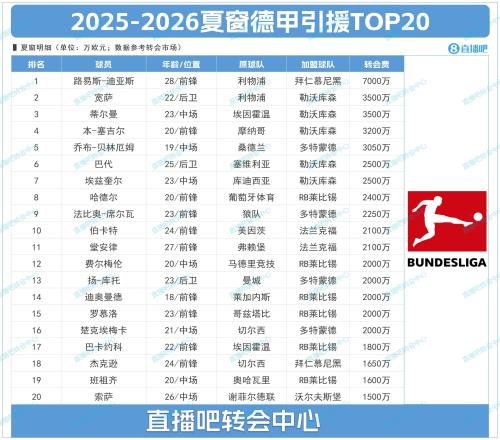 德甲夏窗TOP20：标王迪亚斯7000万断层领跑，药厂花2亿前7占5席