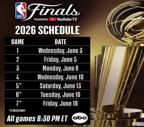 NBA官方公布本赛季总决赛日程安排：6月4日G1正式开战